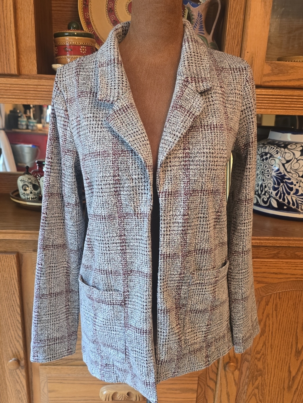Maurices Gray Tweed Blazer with Burgundy Windowpane